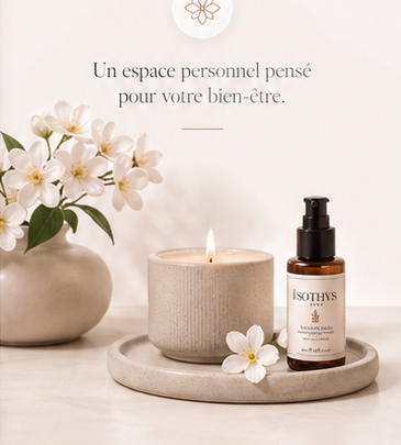 Bougie, fleurs blanches et soin Sothys dans une ambiance creme